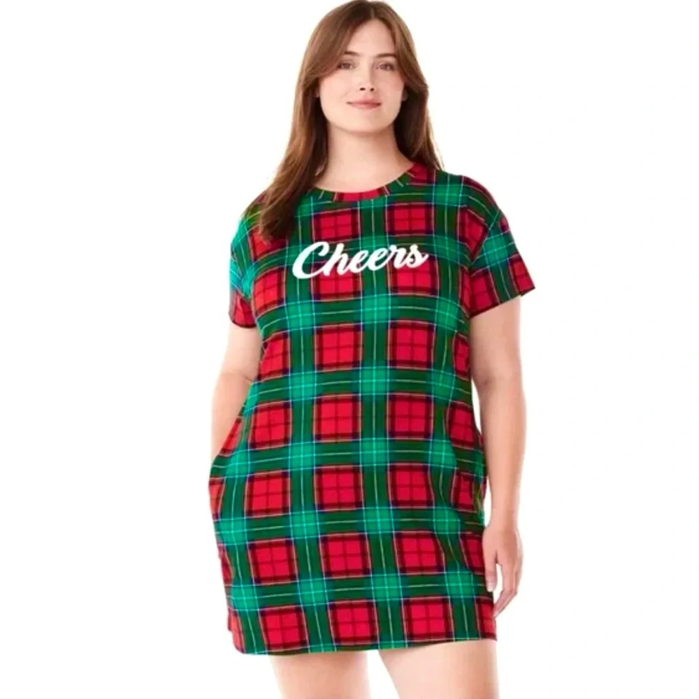 Joyspun Women’s Red and Green Plaid Cheers Holiday Sleep Shirt PJs Size M NWOT - Picture 3 of 9